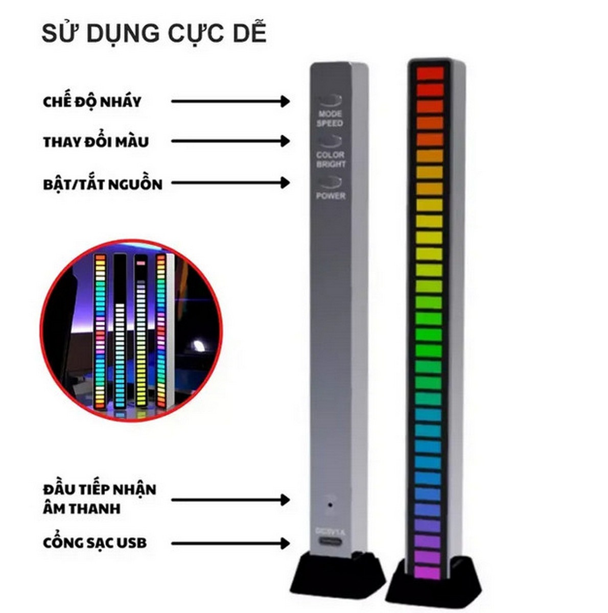 Thanh Đèn Led Pin Sạc Nhiều Màu Chạy Theo Tiếng Nhạc Kèm Chân Đế Cực Đẹp