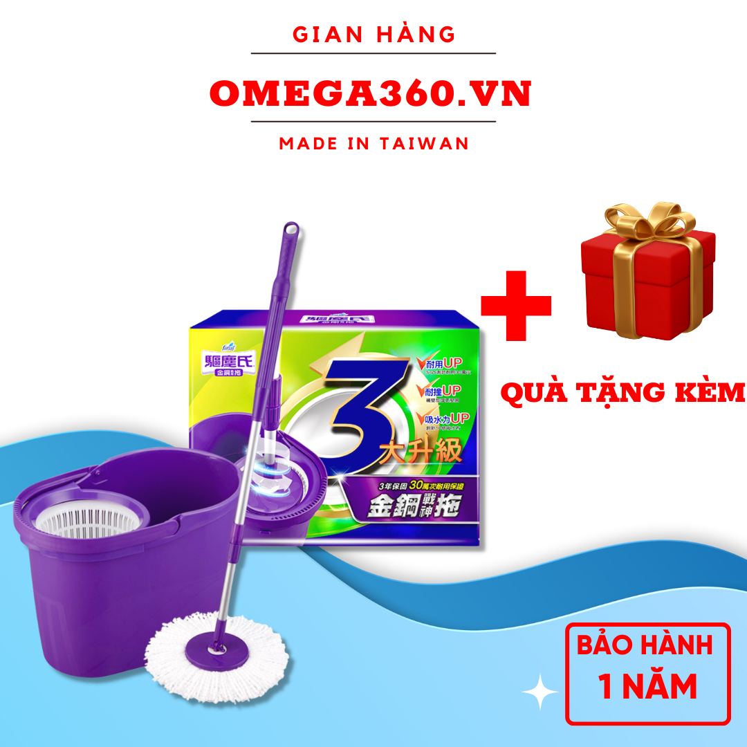 BỘ LAU NHÀ 360 ĐỘ OMEGA SUPA MOP NHẬP KHẨU ĐÀI LOAN 1 THÂN CÂY + 2 BÔNG LAU + 1 THÙNG LAU)