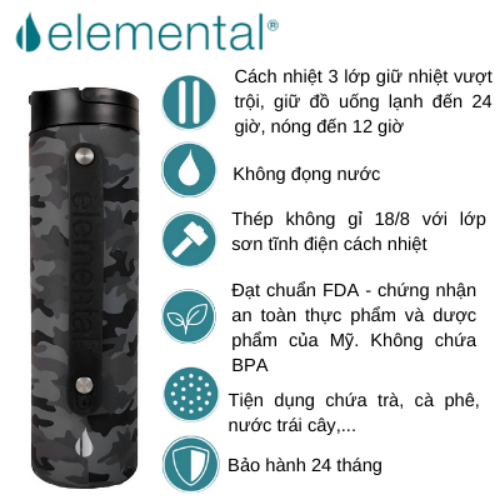 Bình giữ nhiệt Elemental Iconic sport màu đen camo 590ml, giữ nhiệt vượt trội, inox 304, FDA Hoa Kì, An toàn sức khỏe