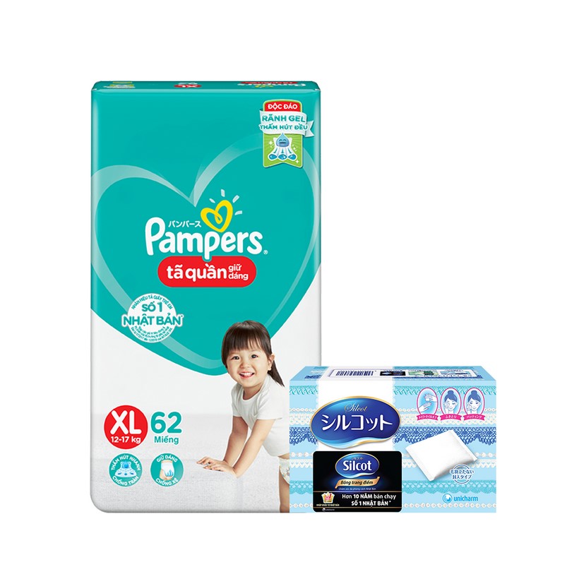 Tã Quần Pampers Giữ Dáng Mới Gói Cực Đại M74 (74 Miếng)/ L68 (68 Miếng)/ XL62 (62 Miếng)/ XXL56 (56 Miếng) [Tặng kèm bông tẩy trang Silcot