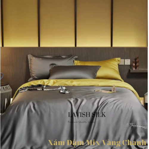 Trọn Bộ Ga Gối Lụa Kèm Chăn Sẵn Ruột + Tặng Bộ Quà Tặng Lavish Silk Cao Cấp - Xám Đậm Mix Vàng Chanh