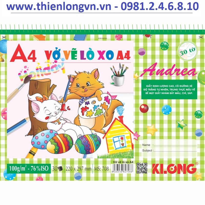 Vở vẽ lò xo xé A4 - 30 tờ; Klong 708