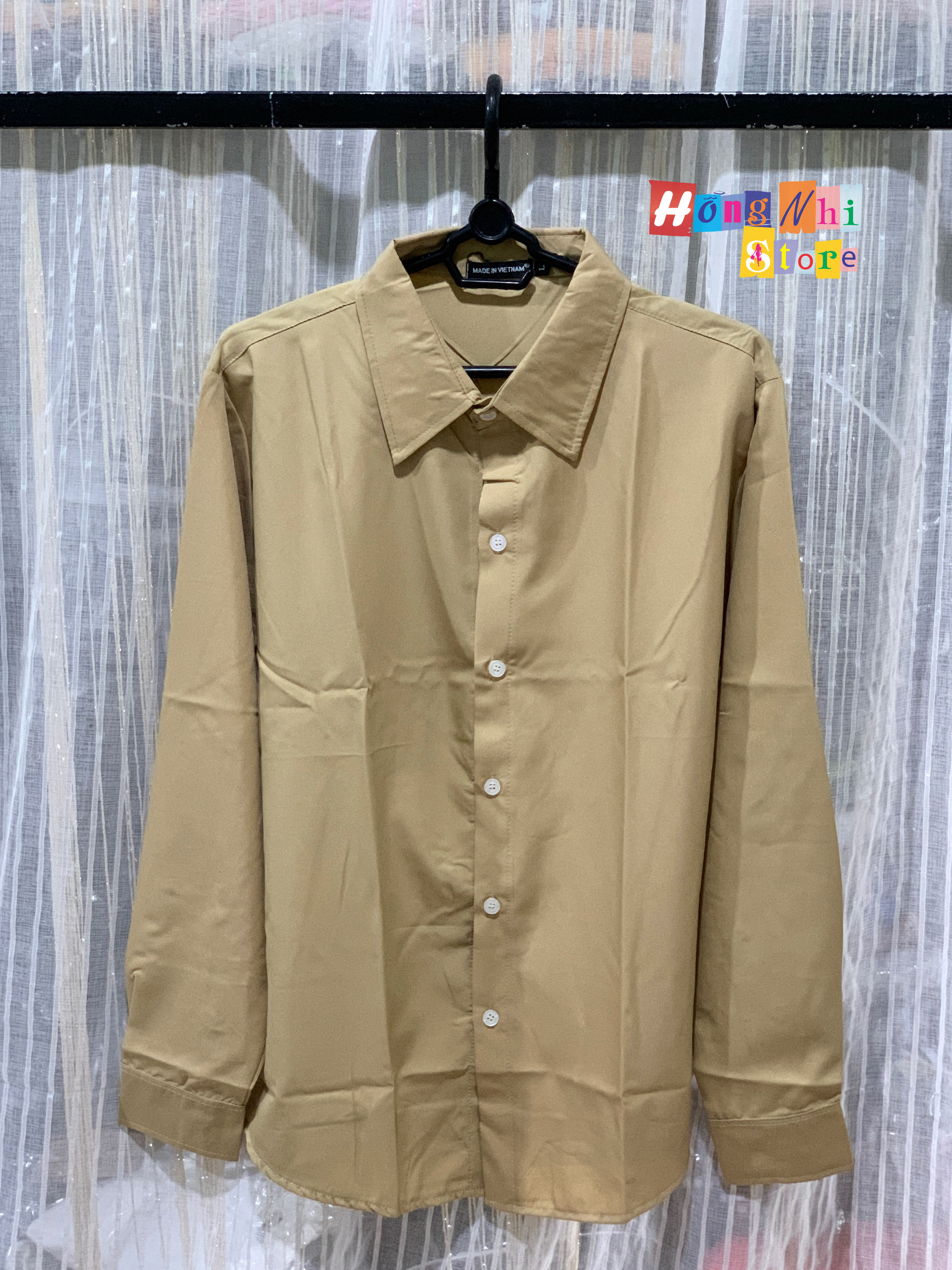 Sơ Mi Trơn Dáng Rộng Basic Unisex Tay Dài Màu Tan - MM