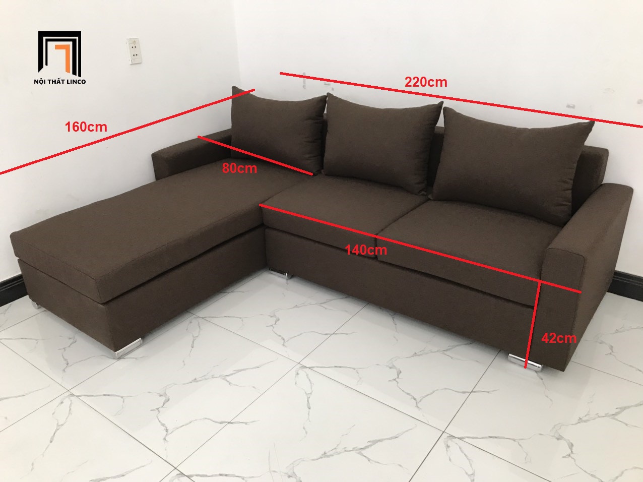 Bộ ghế sofa góc L màu nâu đậm nhiều kích cỡ