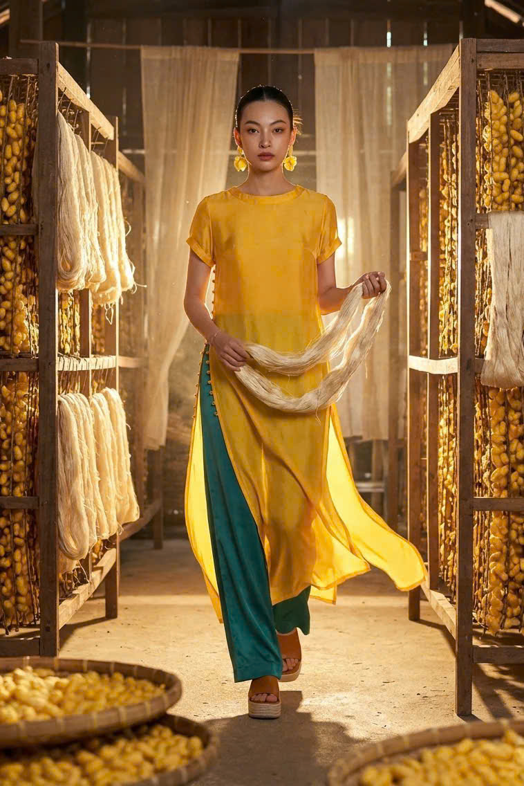 Áo Dài Cách Tân Kiêm Đầm Suông Lụa Vàng Dã Quỳ ADA015 thời trang thiết kế Hity