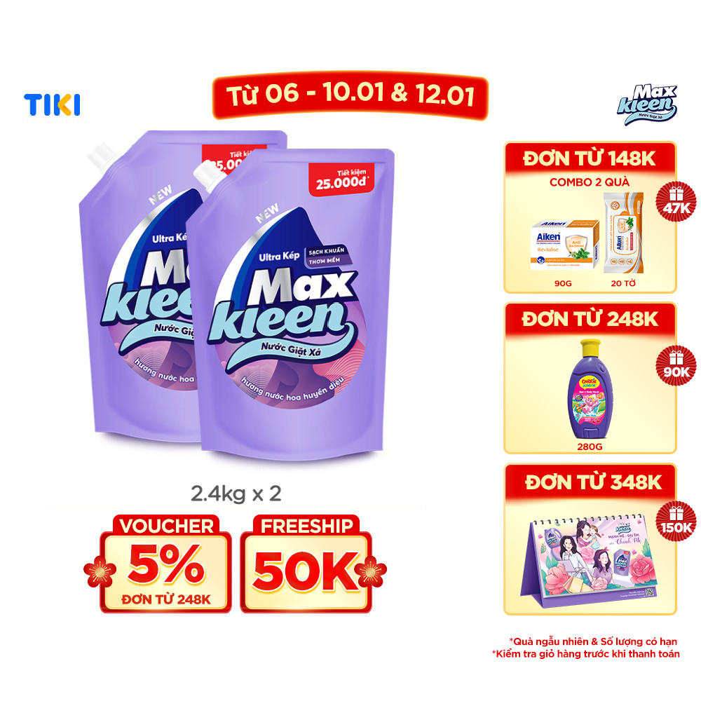 Combo 2 Túi Nước Giặt Xả Maxkleen Hương Nước Hoa Huyền Diệu (2.4kg/túi)