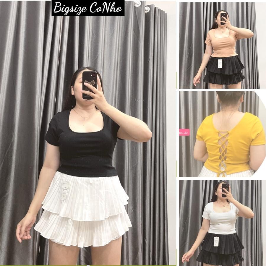 Áo thun bigsize nữ cổ tròn đan dây phía sau, Áo phông kiểu croptop tay ngắn 55-90kg A39 - Màu đen