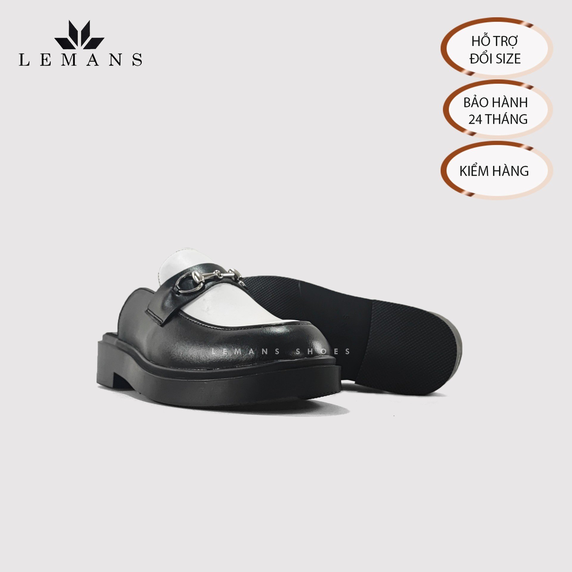 Giày Sục LEMANS Mules Loafer - Black White. Da bò nguyên tấm nhập khẩu. Đế khuôn độc quyền tăng cao 4cm. Bảo hành 24 tháng