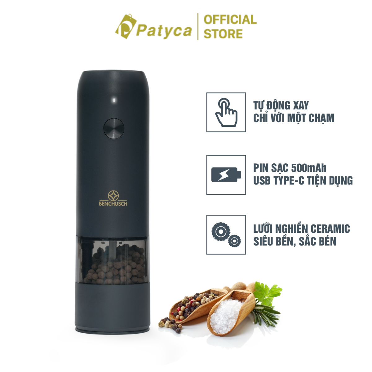 Máy Xay Tiêu Tự Động Bằng Điện Benchusch Màu Trắng Đen Xanh Đỏ - Màu Đen