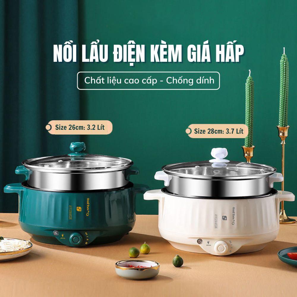 Nồi lẩu điện đa năng 2 tầng 28cm tặng kèm giá hấp inox 3 nấc nhiệt, thiết kế sang trọng phủ chống dính, chiên xào hấp