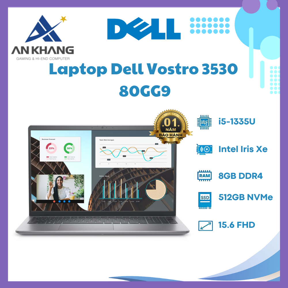 Laptop Dell Vostro 15 3530 80GG9 (Intel Core i5-1335U | 8GB | 512GB | Intel Iris Xe | 15.6 inch FHD | Win 11 | Office | Xám) - Hàng Chính Hãng