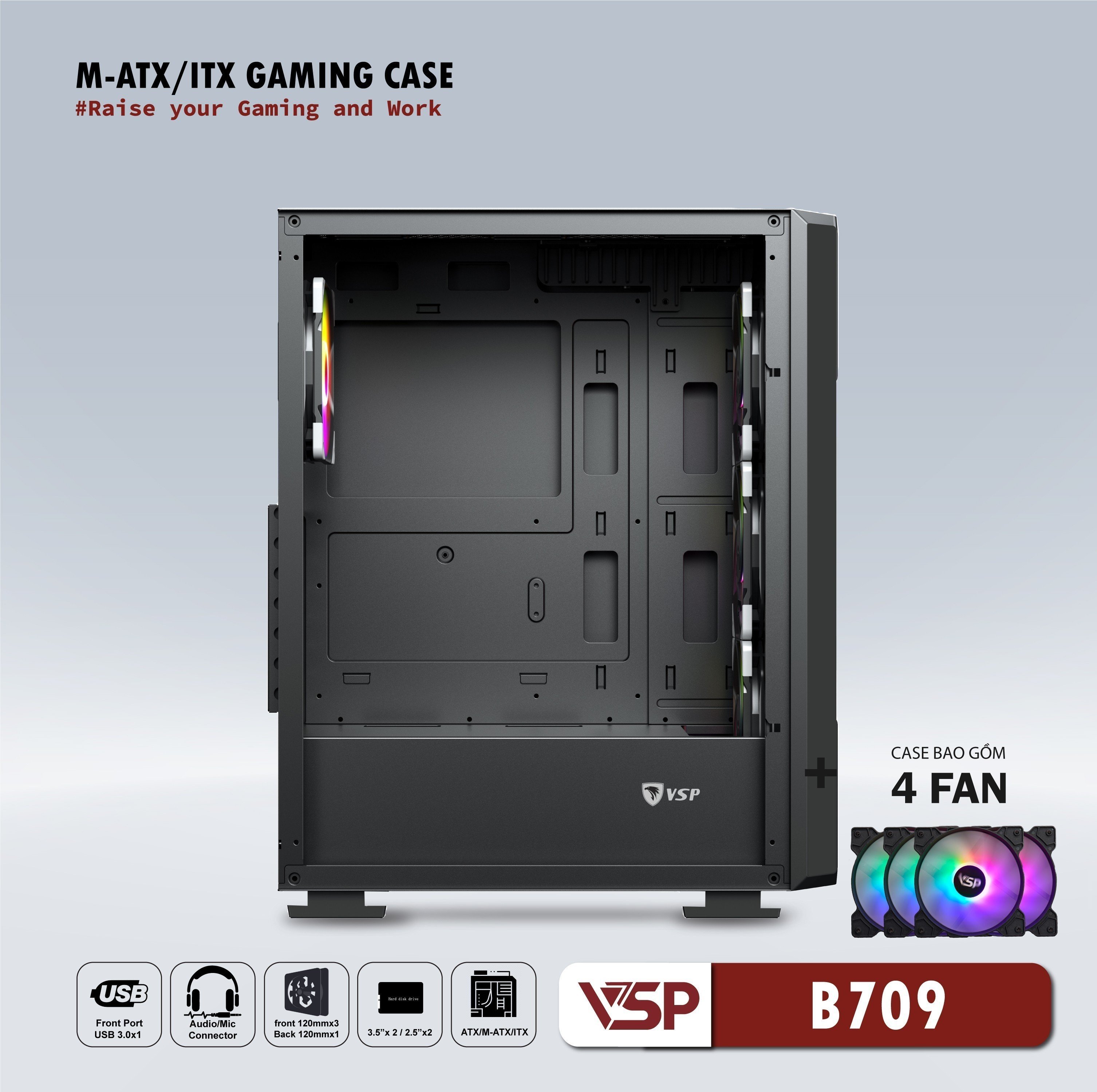 Vỏ máy tính Case VSP B709 [ĐEN] sẵn 4 Fan LED ~ Gaming kính cường lực (M-ATX/ITX) - Hàng chính hãng TECH VISION phân phối