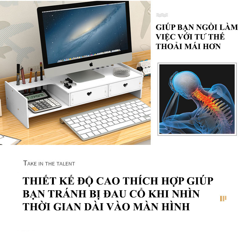 Kệ màn hình vi tính để bàn với hai ngăn kéo và khay giữ bút tiện lợi HD00027