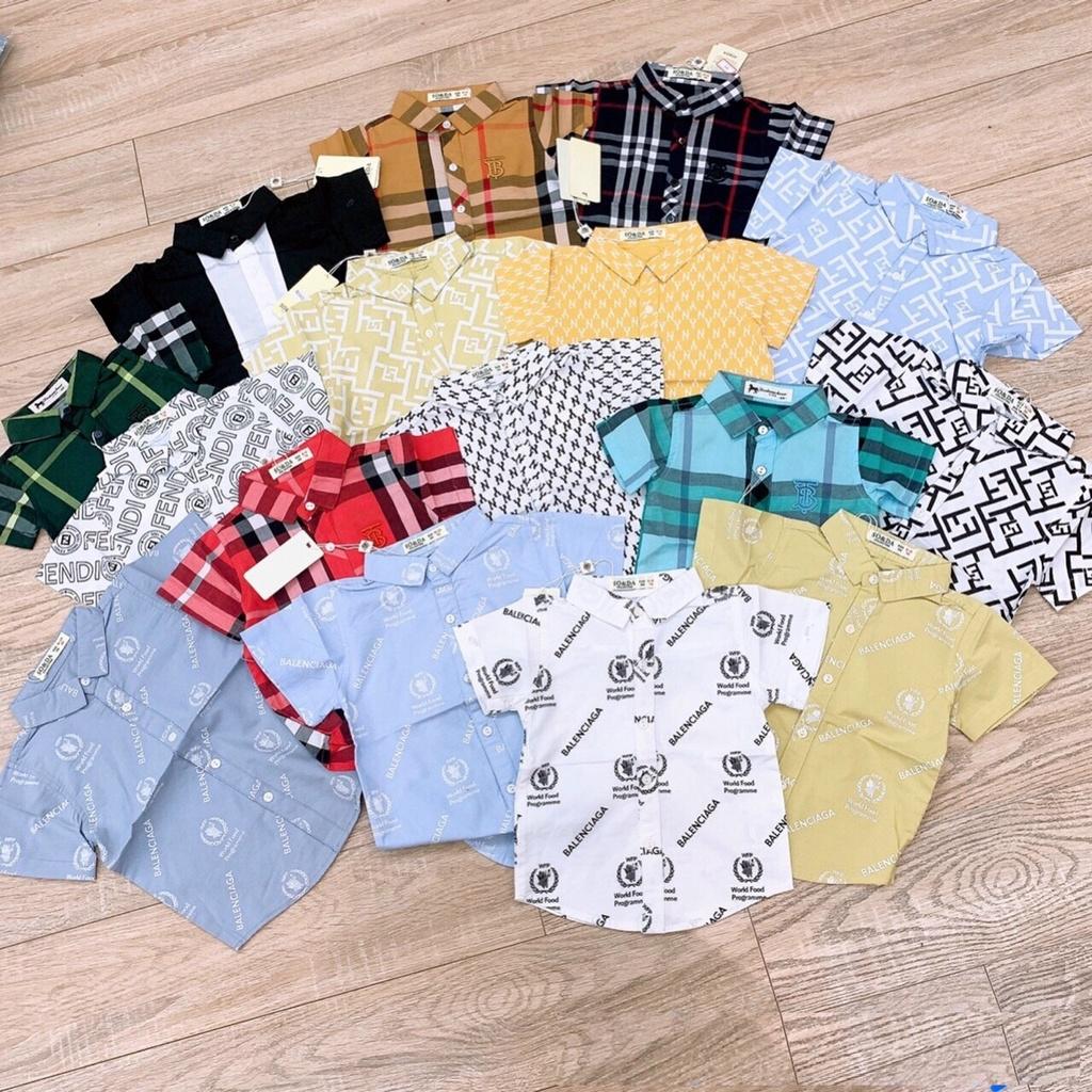 Áo sơ mi bé trai 2-8 tuổi cộc tay in chữ FF và kẻ, Áo hè cho bé vải thoáng mát thời trang