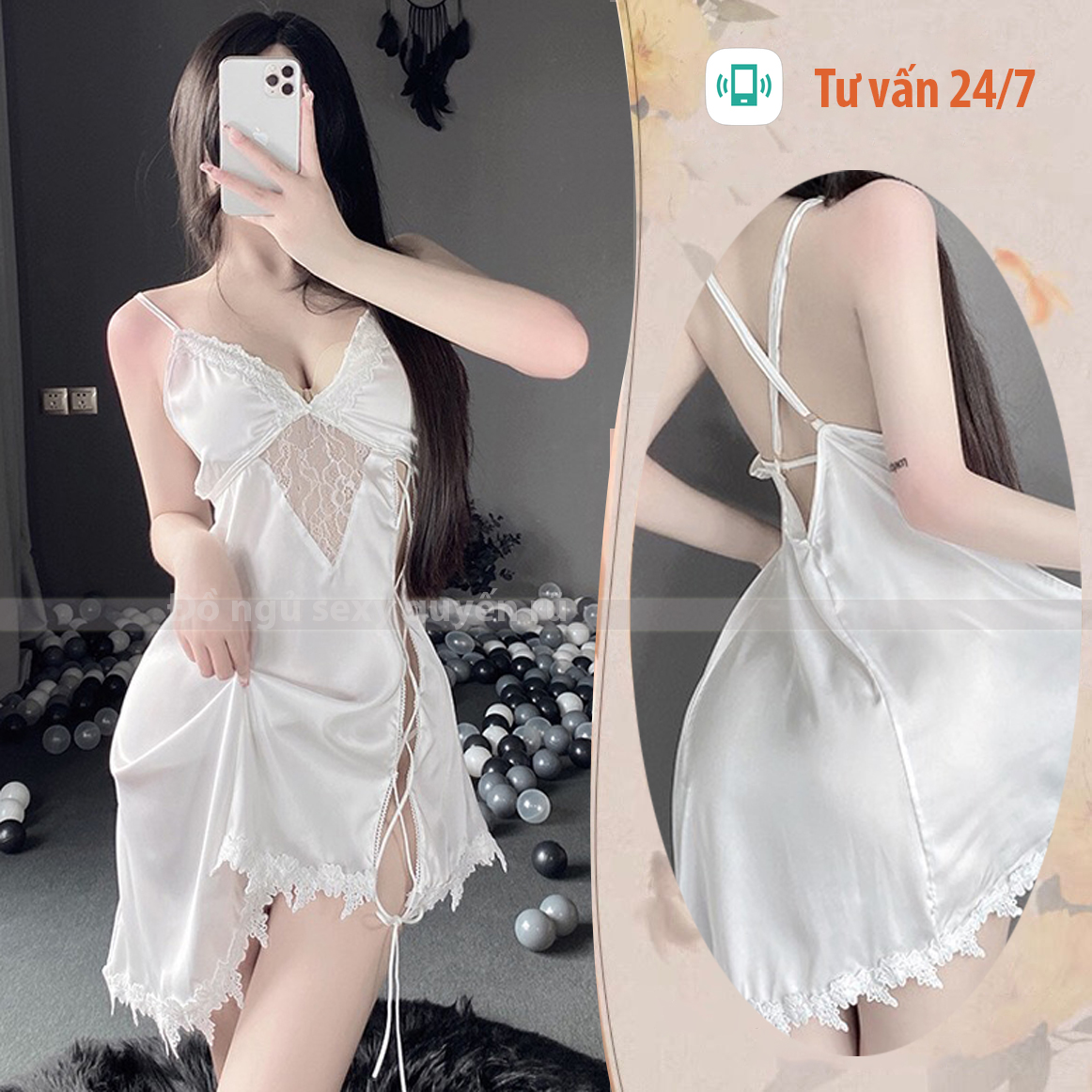 Váy ngủ lụa 2 dây chéo lưng phối ren đan hông sexy gợi cảm P42 - Đầm ngủ lụa 2 dây chéo lưng - Đồ ngủ nữ