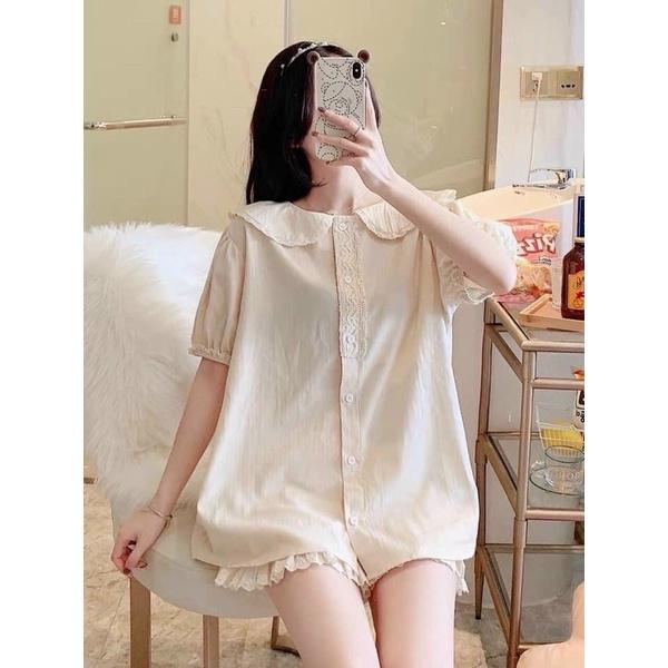 Set đồ bộ cổ sen bèo ren màu nude