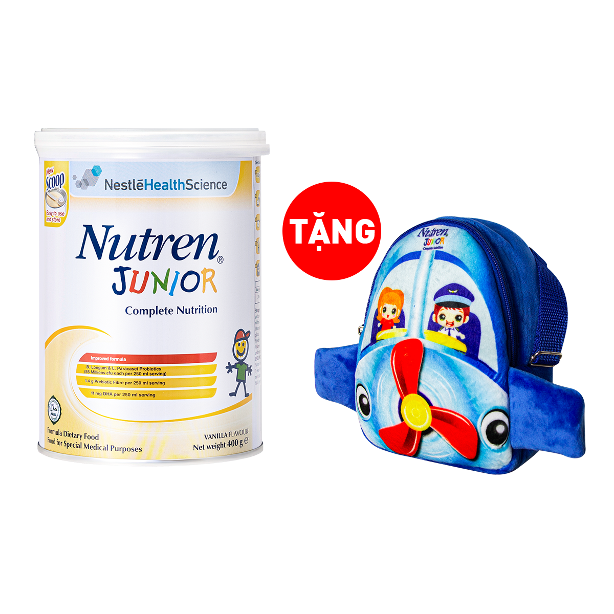 Thực phẩm dinh dưỡng Nutren Junior Thụy Sĩ hỗ trợ tăng cân tiêu hóa tốt cho trẻ từ 1 đến 10 tuổi 400g -  Tặng Túi đeo chéo máy bay