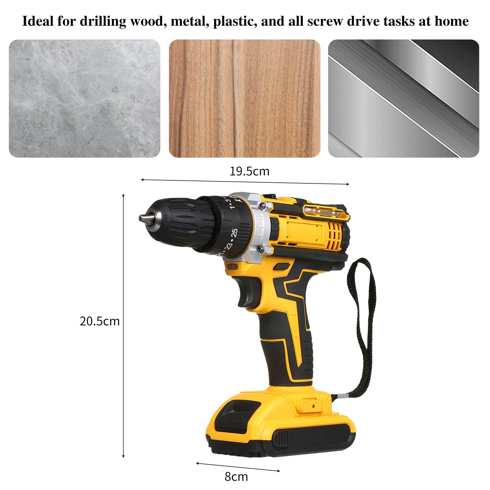 Cordless Drill Driver Kits with 2 Battery 21V Hand-held Electric Drill with 3/8inch Keyless Chuck LED Work Light for Drilling Wall Bricks Wood Metal Toolbox Package