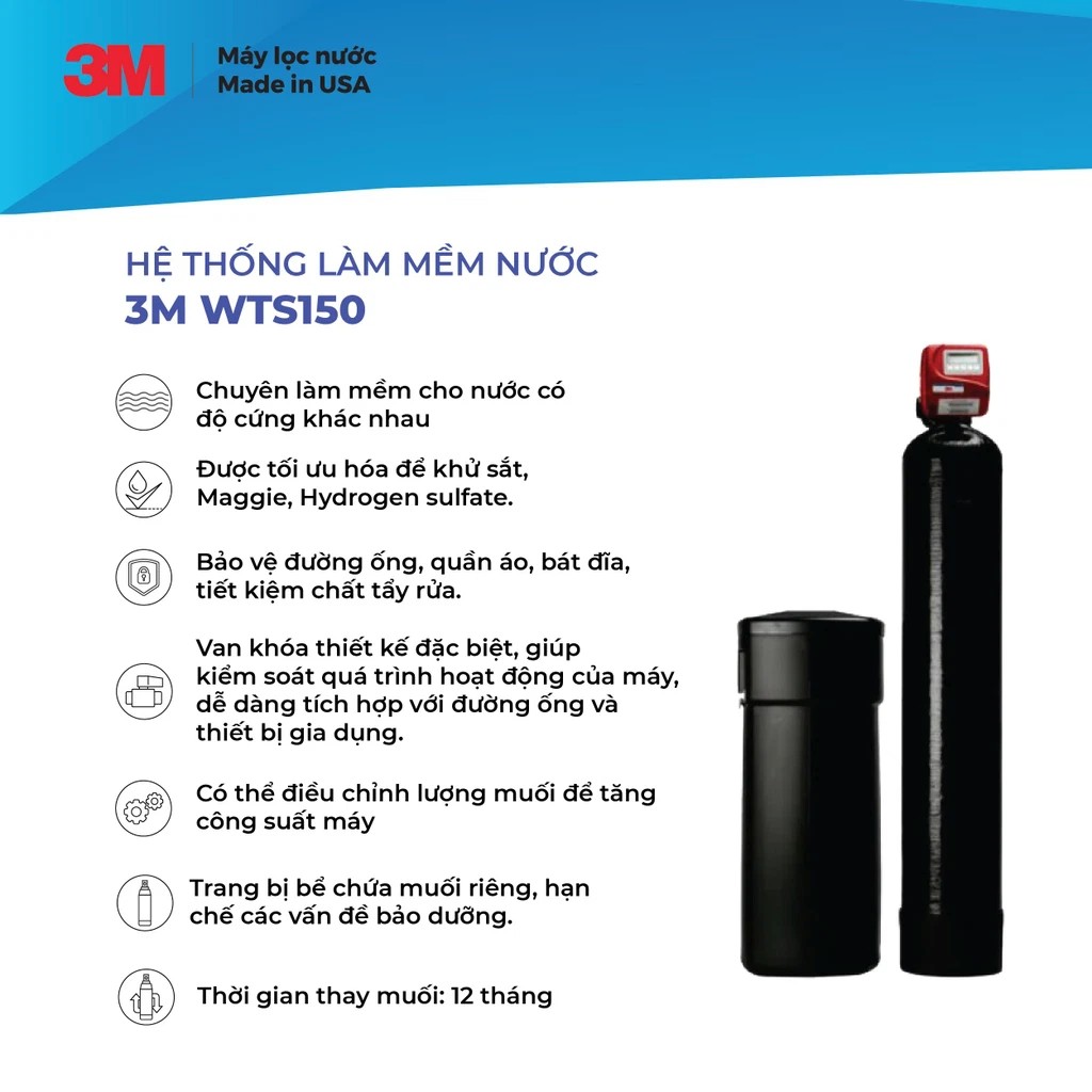 Máy Làm Mềm Nước 3M™ WTS150 Cho Biệt Thự, Villa, Nhà Phố... 3MWTS150 Chuyên Xử Lý Nước Cứng Nhập Khẩu Mỹ - Hàng Chính Hãng 3M