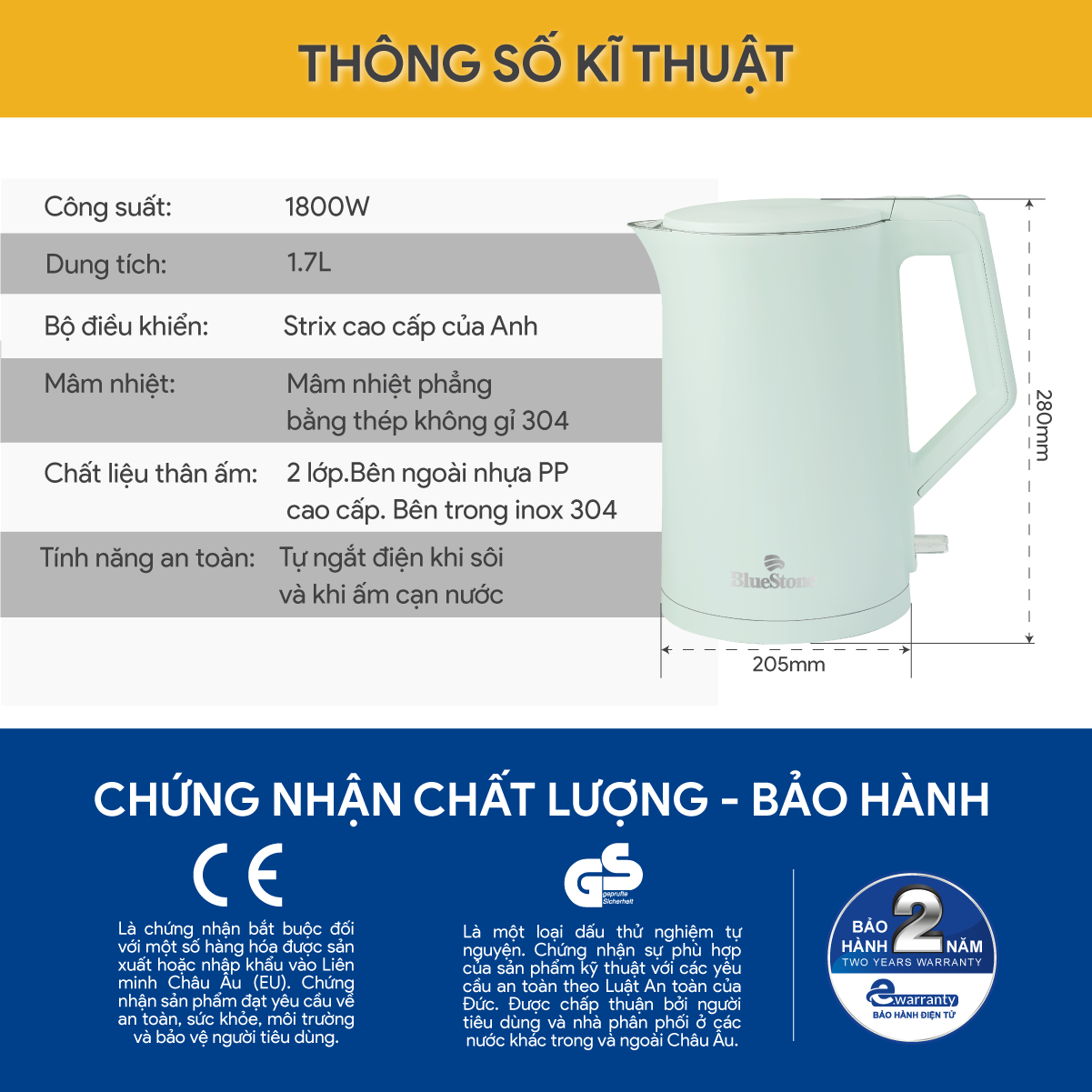 Ấm Đun Siêu Tốc BlueStone KTB-3456 1.5 Lít 1800W - Hàng Chính Hãng