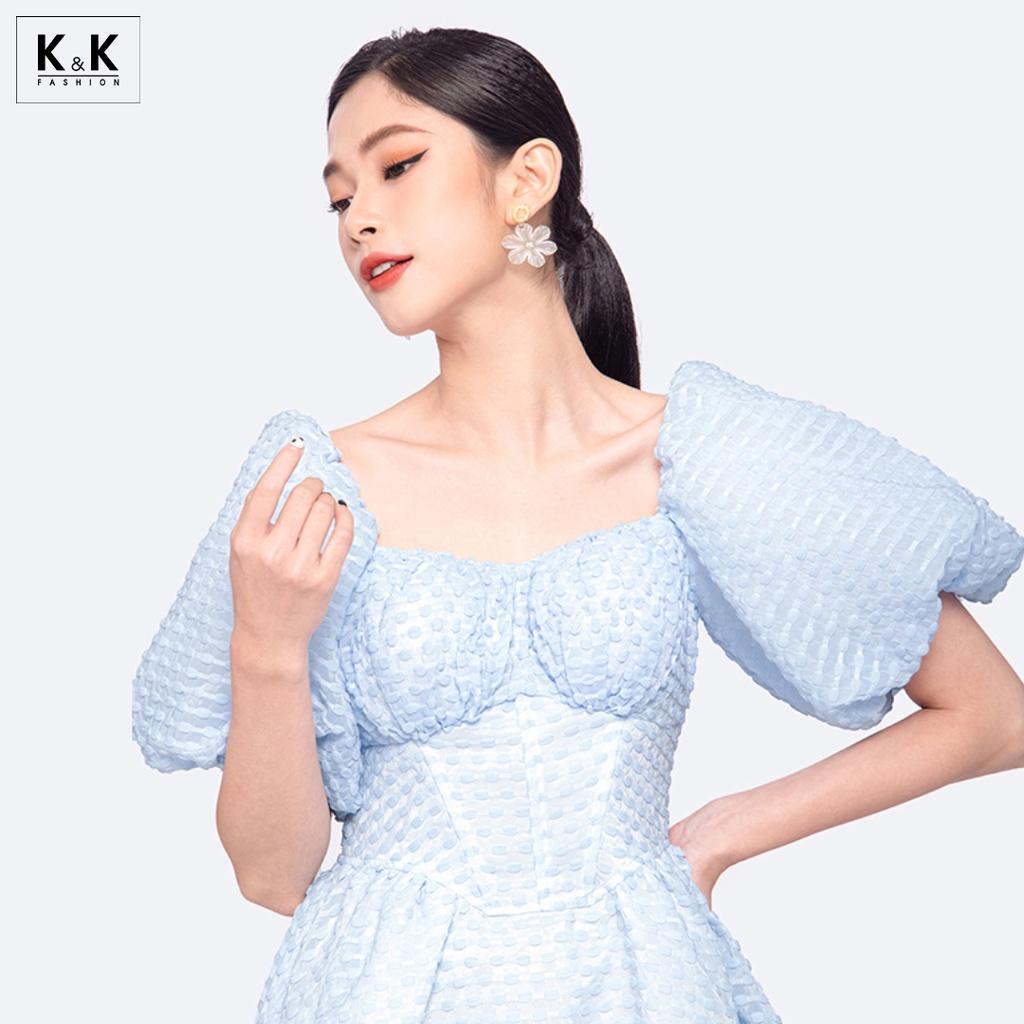 Đầm Xòe Đơn Sắc Tay Phồng Cổ Vuông K&amp;K Fashion HL21-32 Chất Liệu Tơ 3D