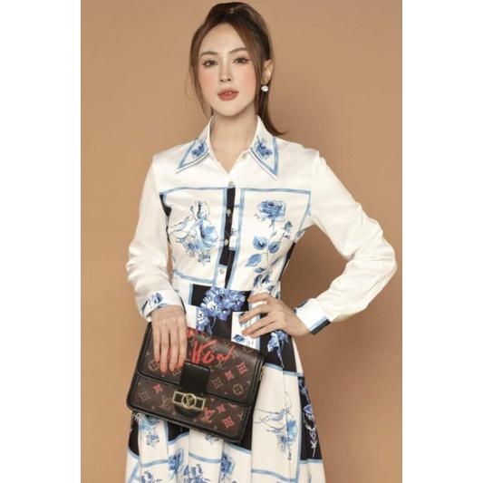 ĐẦM LỤA CỔ SƠ MI HOẠ TIẾT BÔNG XANH