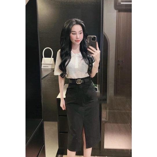 Váy jean xẻ trước co dãn 2 màu xanh đen