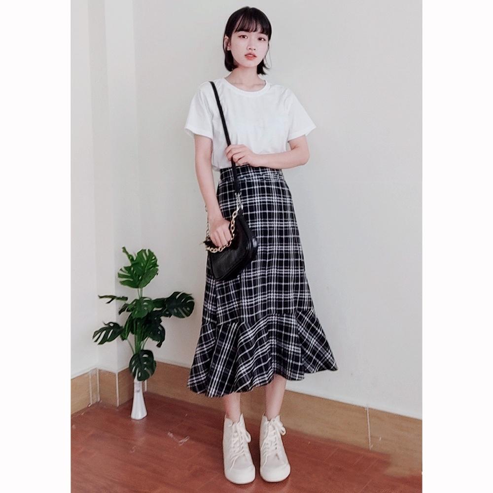 Chân váy dài caro ulzzang, chân váy midi qua gối SR007