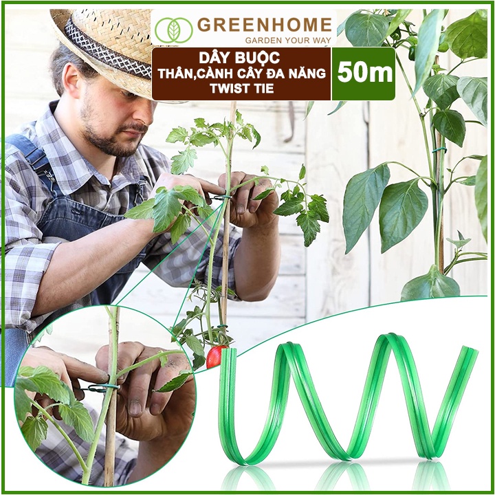 Dây Buộc Cành GreenHome, Dài 50m, Kẽm Bọc Nhựa, Tích Hợp Đầu Cắt Tiện Lợi, Cố Định Thân Cây, Làm Giàn Leo