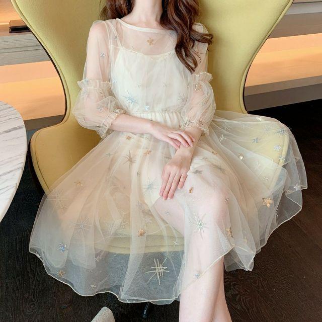 Đầm Ulzzang tiểu thư đính sao phong cách Hàn Quốc