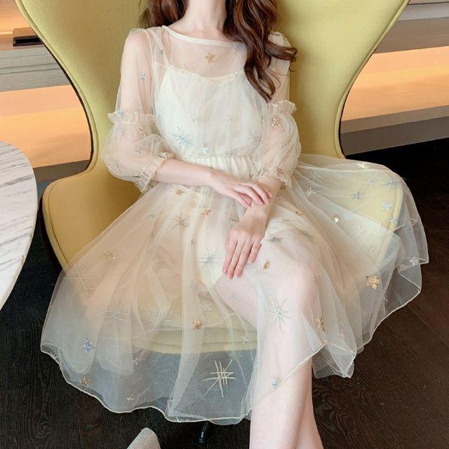 Đầm Ulzzang tiểu thư đính sao phong cách Hàn Quốc - BÁN GIÁ SỈ