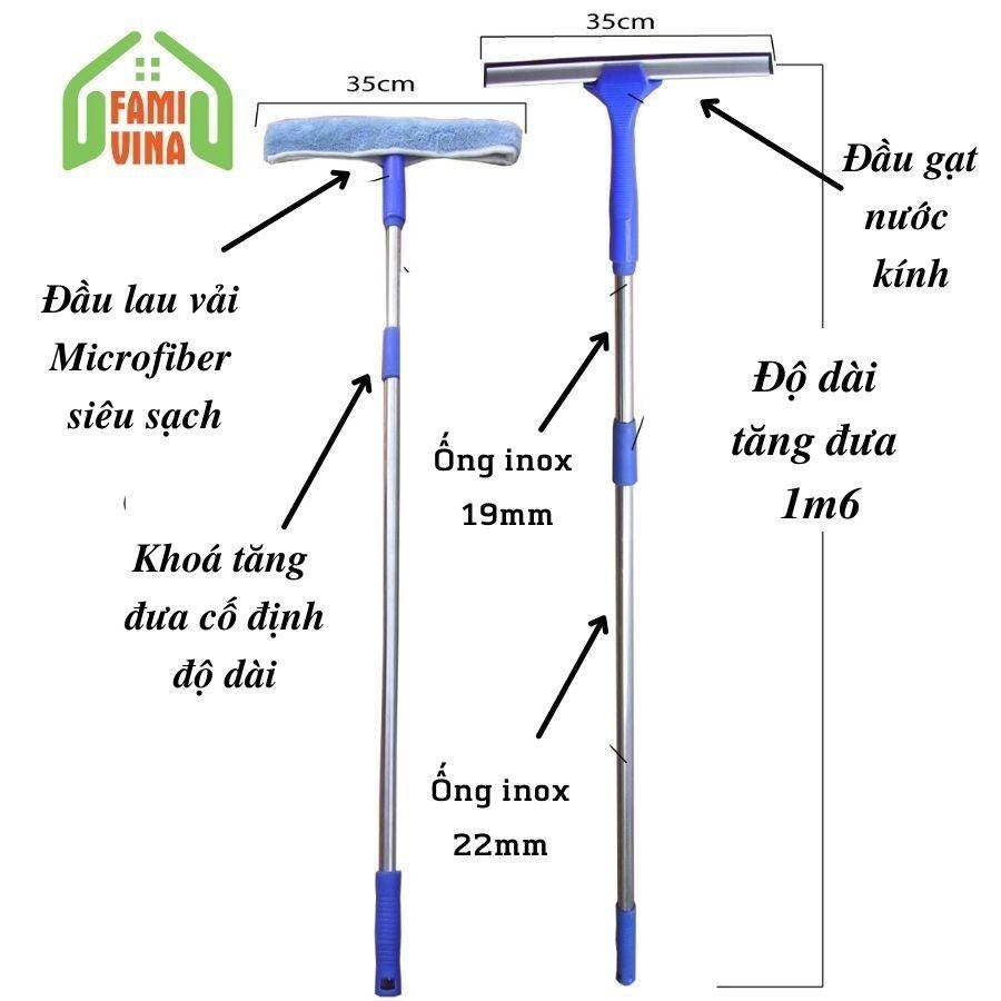 Bộ lau kính đa năng tiện dụng 3-1 gồm cây lau inox cán dài 1m6 đầu lau kính siêu sạch-đầu gạt nước kiếng &amp; móc treo đồ