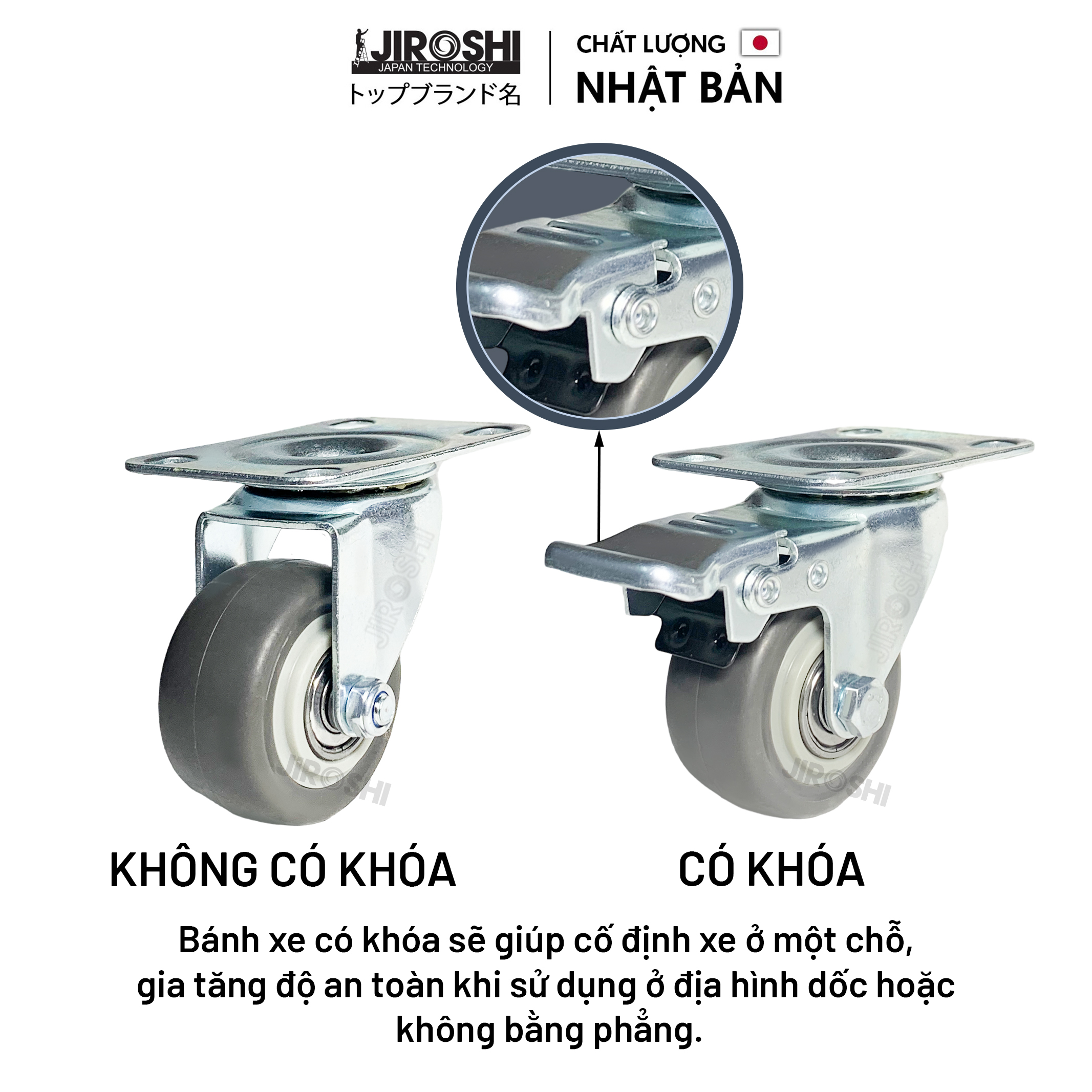 Bánh xe đẩy hàng cao su TPR chống ồn xoay 360 có khóa, có ổ bi, 50mm.
