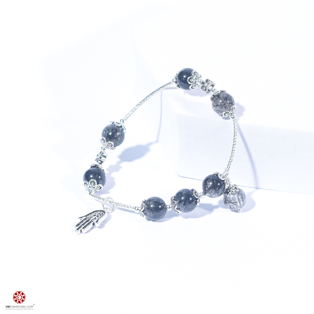 Lắc tay Thạch Anh Tóc Đen tự nhiên 100% phối charm bạc Bàn tay Hamsa đem lại may mắn, tài lộc - Hợp mệnh Mộc, Thủy - Nhiều kích thước lựa chọn | VietGemstones