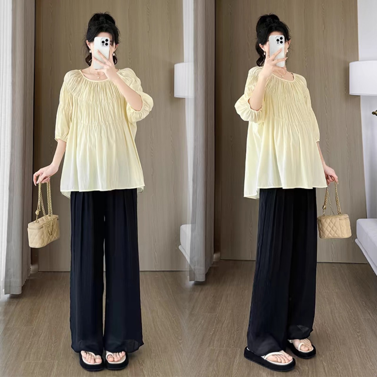 Sét bộ đồ bầu với áo sơ mi kiểu bầu bí  siêu dễ thương hàng qc -Mặc mùa Xuân -  hè 0411-022