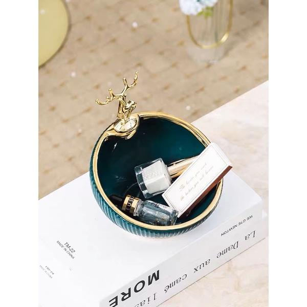 BÁT SỨ HÌNH HƯƠU ĐỰNG KẸO VÂN SỌC MẠ VÀNG DECOR CAO CẤP