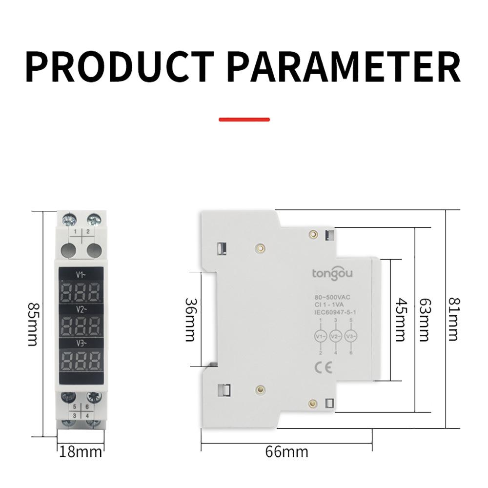 80~500V Three Phase Voltage Meter Modular Voltmeter Gauge 3 LED Digital Display Home Household Voltage Meter