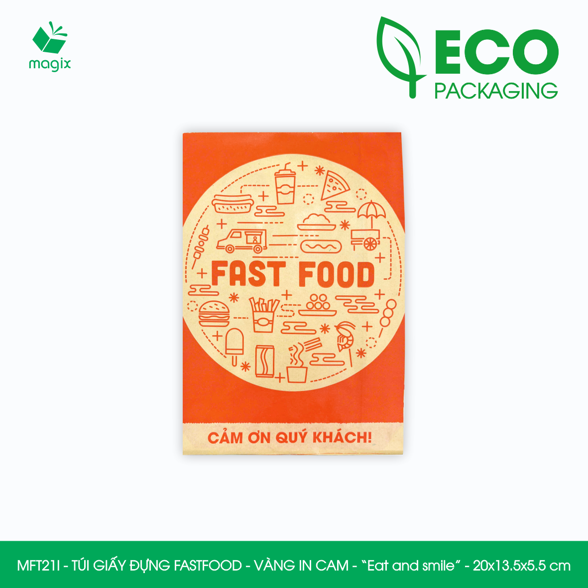 MFT21I - 20x13.5x5.5 cm - 500 Túi giấy Kraft đựng fastfood, túi đựng thực phẩm