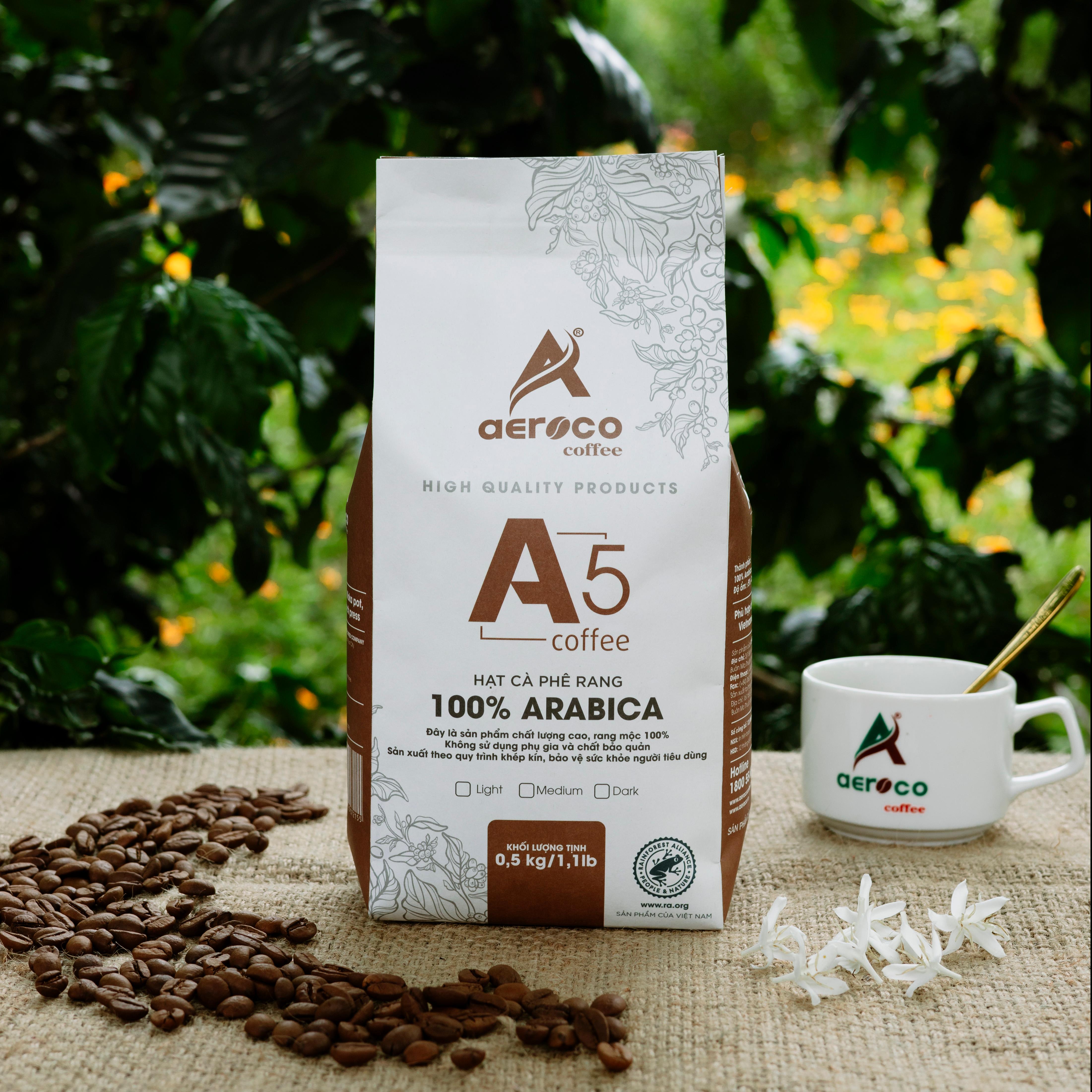 Túi 500g_Cà phê AEROCO hạt rang A5 (100% Arabica) nguyên chất 100% rang mộc hậu vị ngọt thơm quyến rũ, phù hợp pha máy và pha phin
