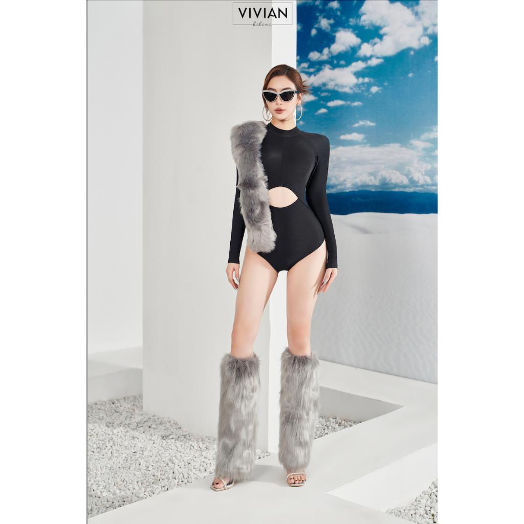 Đồ bơi nữ cao cấp  dạng một mảnh tay tạo hình cutout cách điệu - Đen - VS183_BL