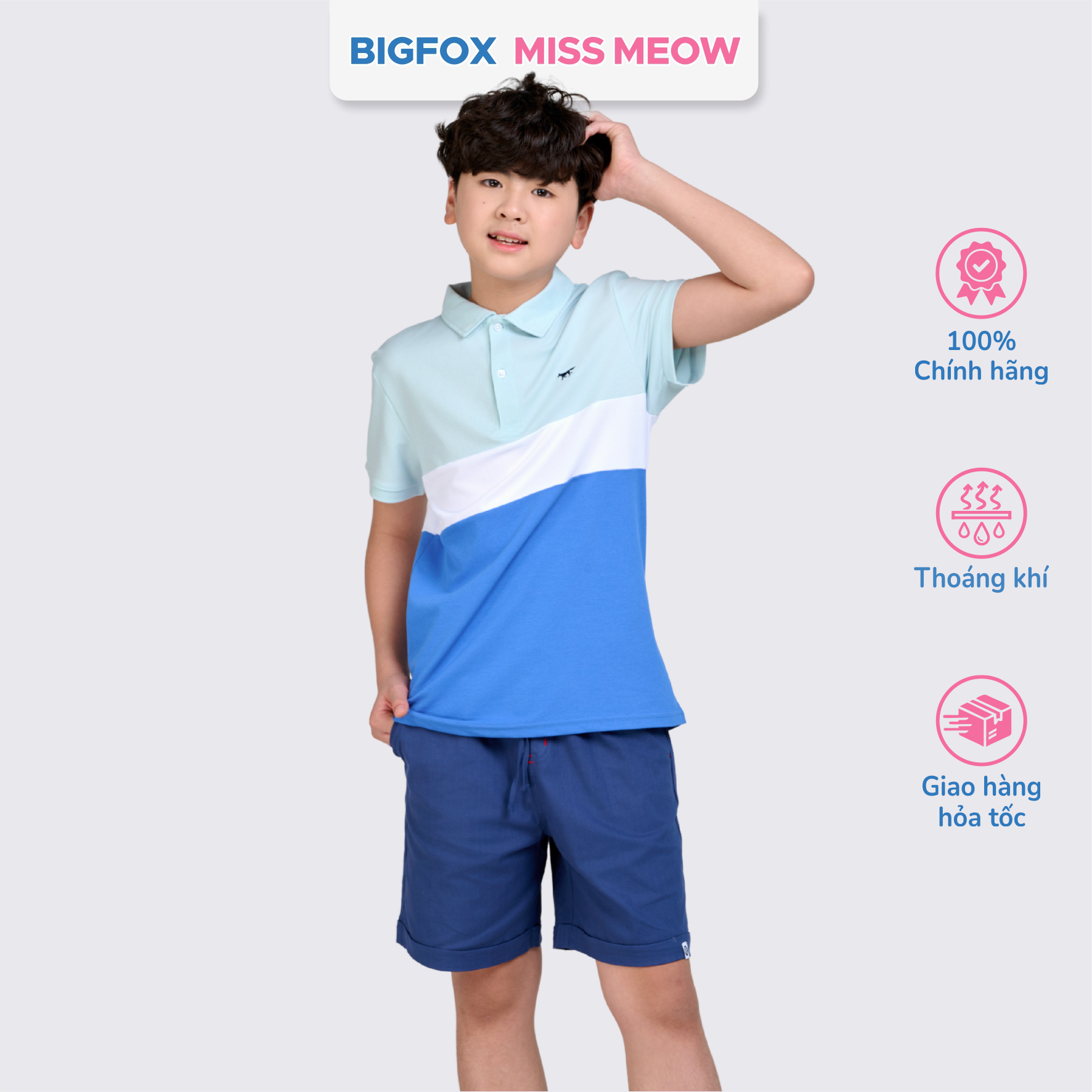 Áo polo bé trai Bigfox Miss Meow chất cá sấu, áo có cổ đồng phục đi học size đại 7-15 tuổi 50kg