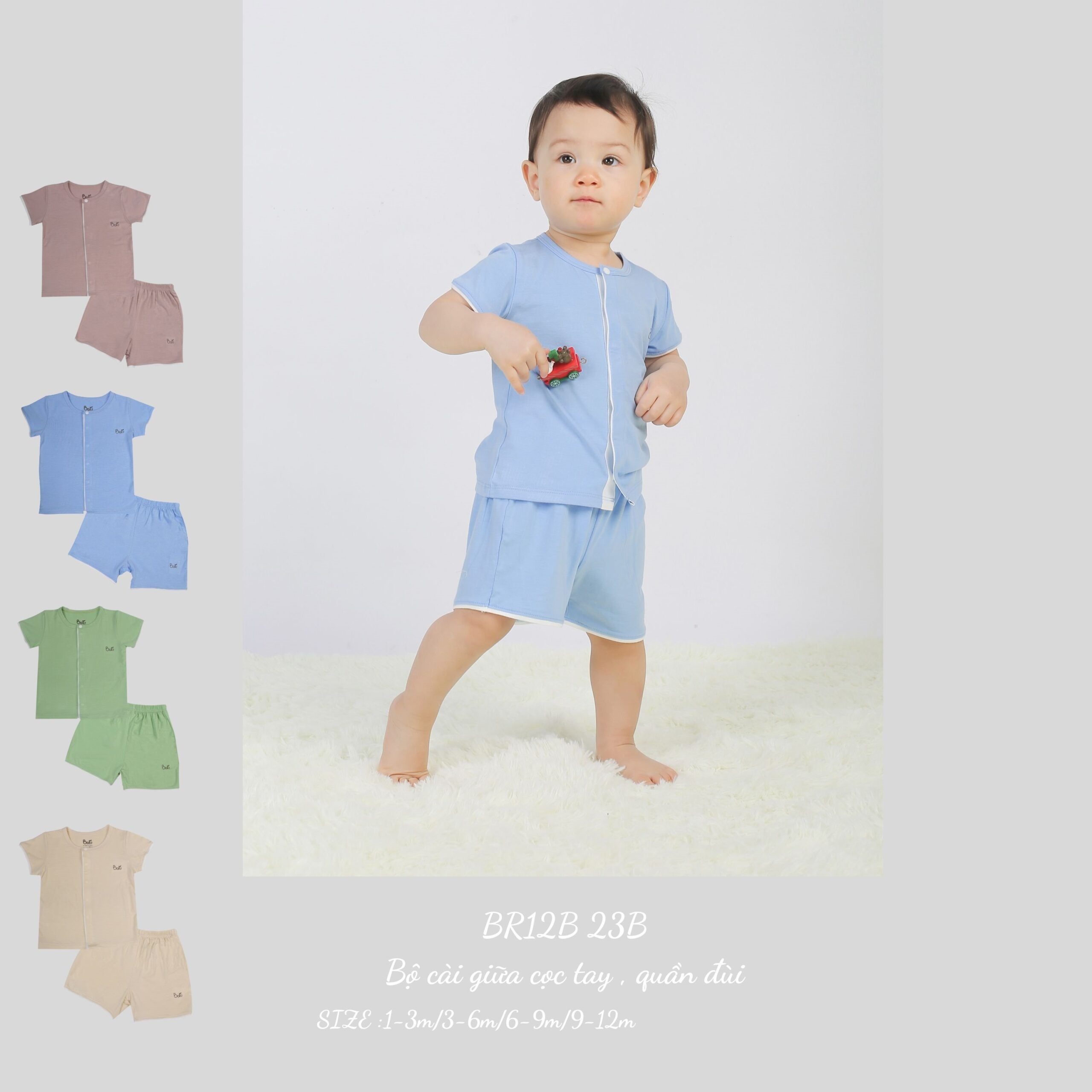 Bộ cộc tay  BARU cài giữa kèm cúc bấm giữa chất liệu cotton siêu mát cho bé ( 0-12m )