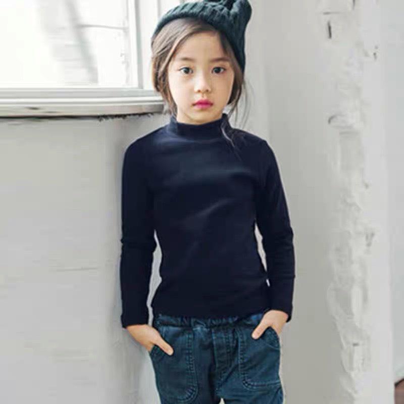 Áo thun bé gái dài tay 2-7 tuổi cao cổ trơn nhiều màu vải cotton len dày dặn, Áo giữ nhiệt cho bé chất liệu cao cấp