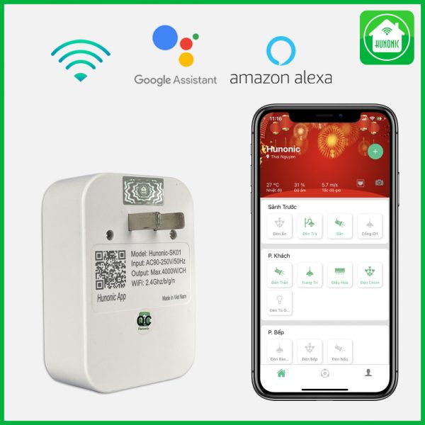 Ổ cắm Wifi thông minh Hunonic SK01, Hẹn giờ tự động, điều khiển bằng app - Hàng Chính Hãng