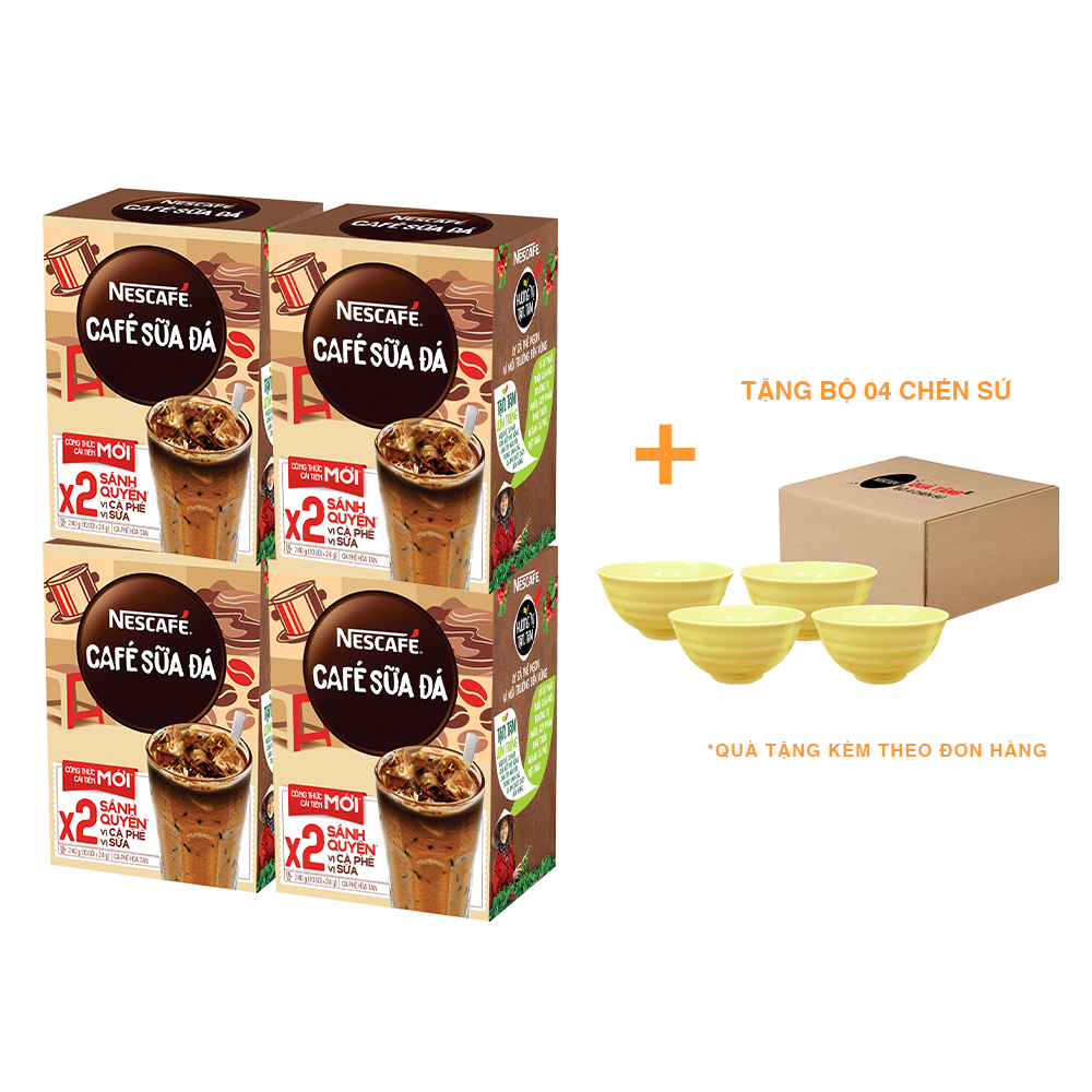 Combo 4 hộp cà phê hòa tan Nescafé 3in1 cà phê sữa đá (Hộp 10 gói x 24g) - [Tặng bộ 4 chén sứ Nescafé]