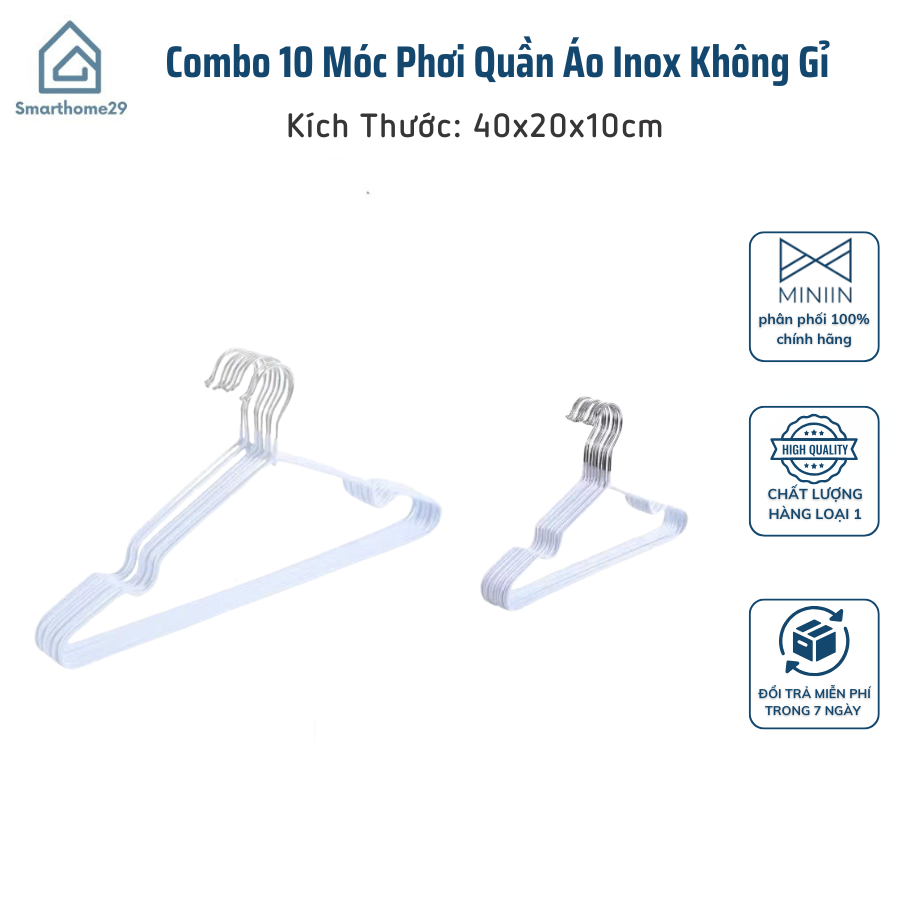 Combo 10 Móc Phơi Inox Không Gỉ, Móc Treo Quần Áo Chịu Nhiệt Cho Trẻ Em và Người Lớn - HÀNG CHÍNH HÃNG MINIIN