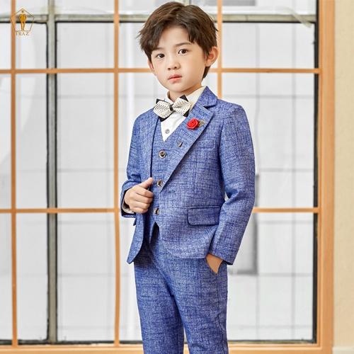 Set bộ vest bé trai TRAZmàu karo xước xám xanh vest đầy tháng thôi nôi