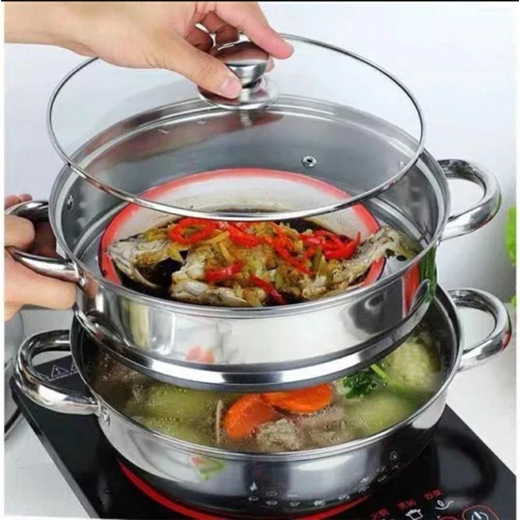 Nồi Hấp Inox 2,3 Tầng Hotpot Size 28cm Đa Năng, Nồi Hấp Bánh Bao, Hấp Trứng, Bộ Xửng Hấp Inox 28Cm