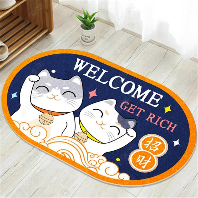 Thảm Nhà Bếp Mèo Thần Tài Vẫy Tay Maneki Neko Lau Chùi Chân Chống Trơn Trượt 50x80cm