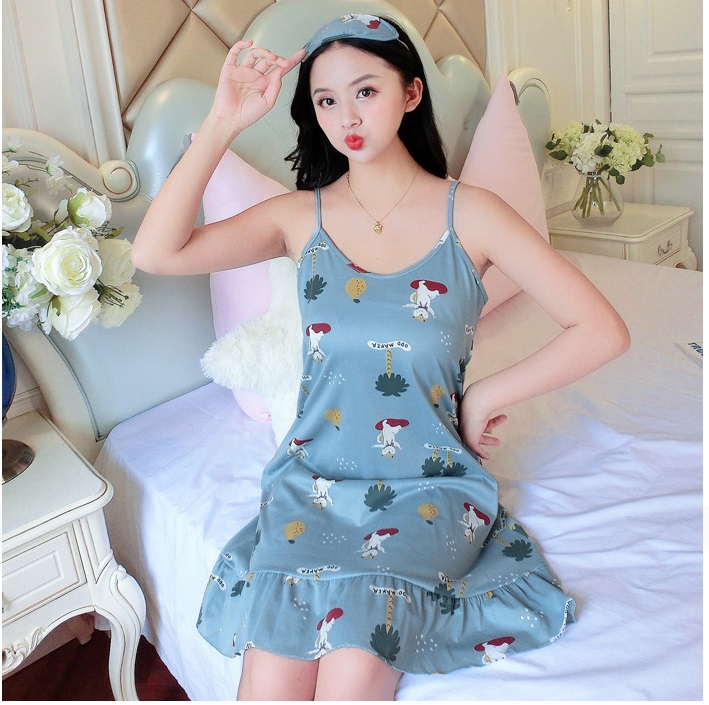 Đầm 2 dây mặc nhà,đồ ngủ họa tiết Haint Boutique Vn15 - Xanh cây dừa - S